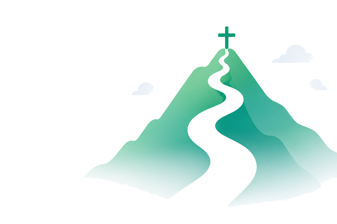 A path winding up a mountain to a cross at the summit